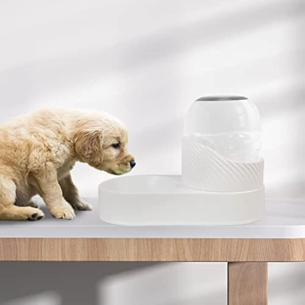White automatic cat feeder and water dispenser set, each with 2L capacity and wave-shaped design.