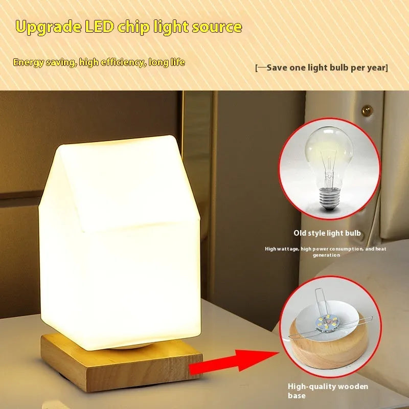 Nordic solid wood USB table lamp in white cube design with touch dimming, 150mm by 180mm
