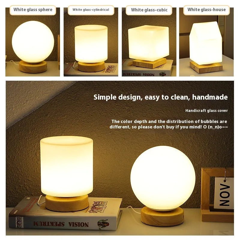 Nordic solid wood USB table lamp in white cube design with touch dimming, 150mm by 180mm
