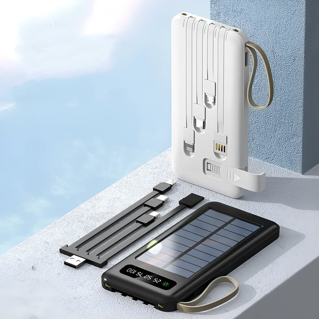 Solar power bank in black or white with solar panel, showing 20000mA or 30000mA capacity.