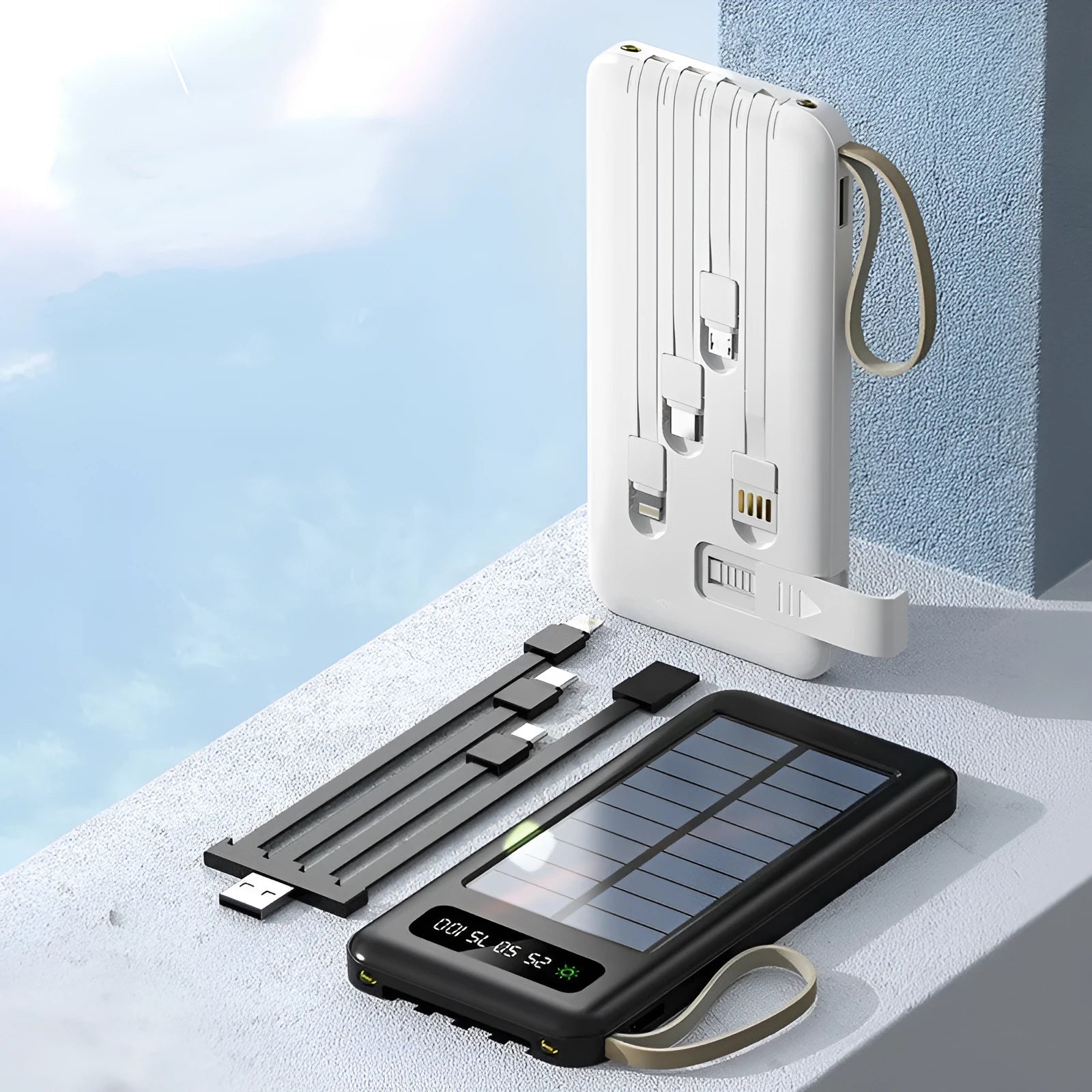 Solar power bank in black or white with solar panel, showing 20000mA or 30000mA capacity.