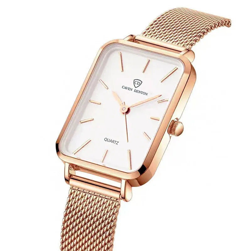 Women's waterproof quartz watch with woven steel strap in rose gold or silver colour