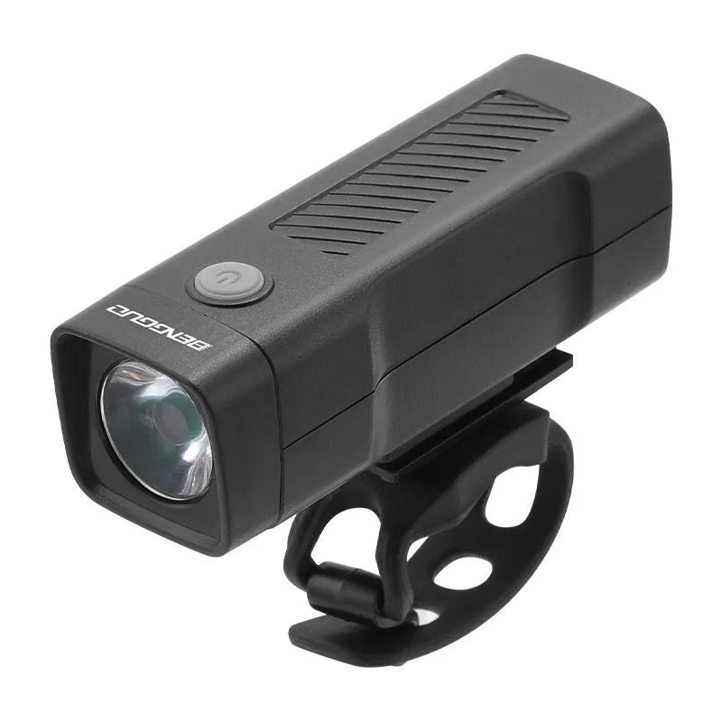 USB rechargeable bicycle headlight with quick-release strap on handlebars.