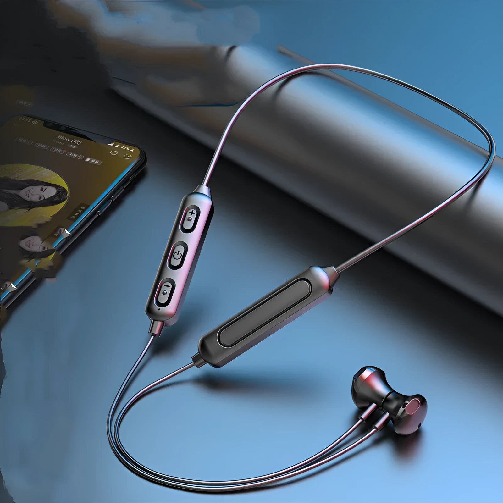 Black neck-mounted wireless sports earphones with custom logo printing area shown