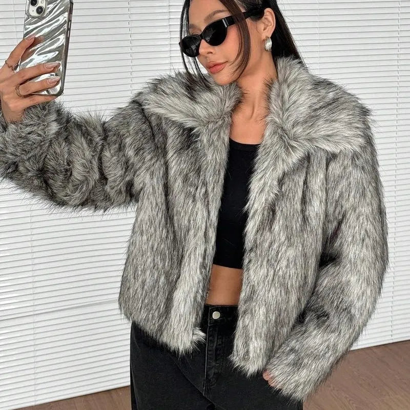 Artificial fur coat with fur collar in short 40cm length showing black tip on black colour variation