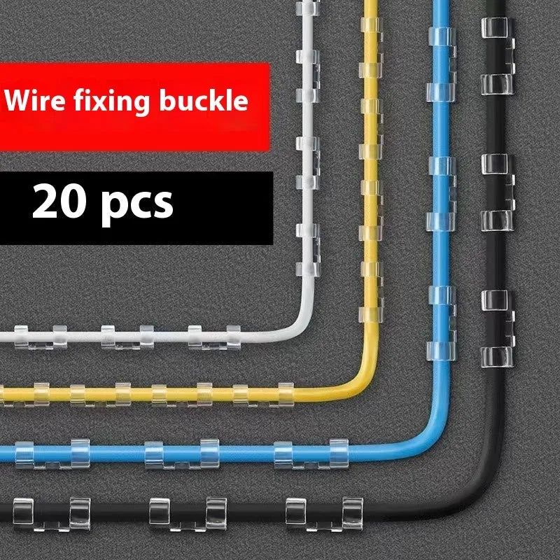 Transparent plastic self-adhesive cable clips in four size variants for wire organisation