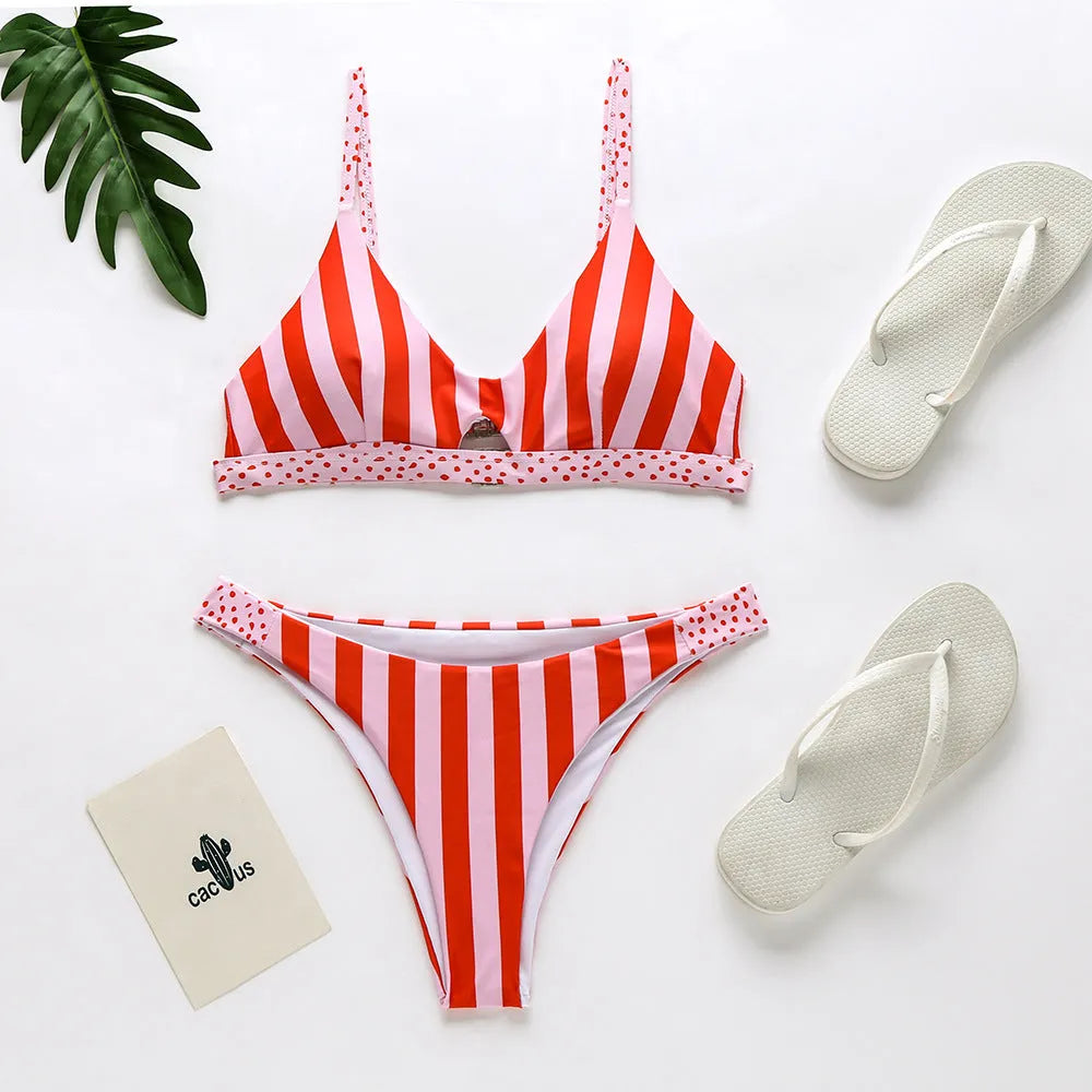 Women's bikini set in black and white polka dots or red and white stripes pattern