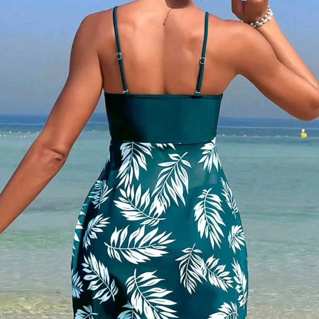 Women's high waist swimsuit split boxers in black, blue, and peacock green with mesh lining.