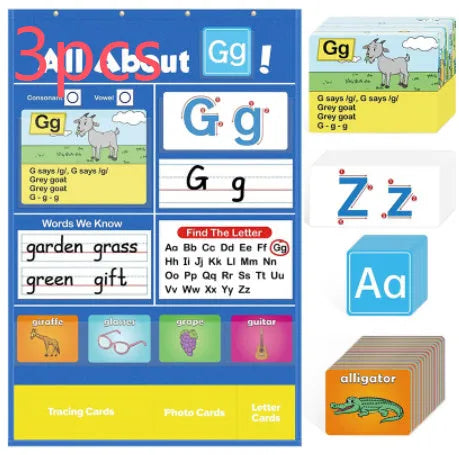 Large blue alphabet learning chart mat with word cards, letter cards, and picture cards for children's education