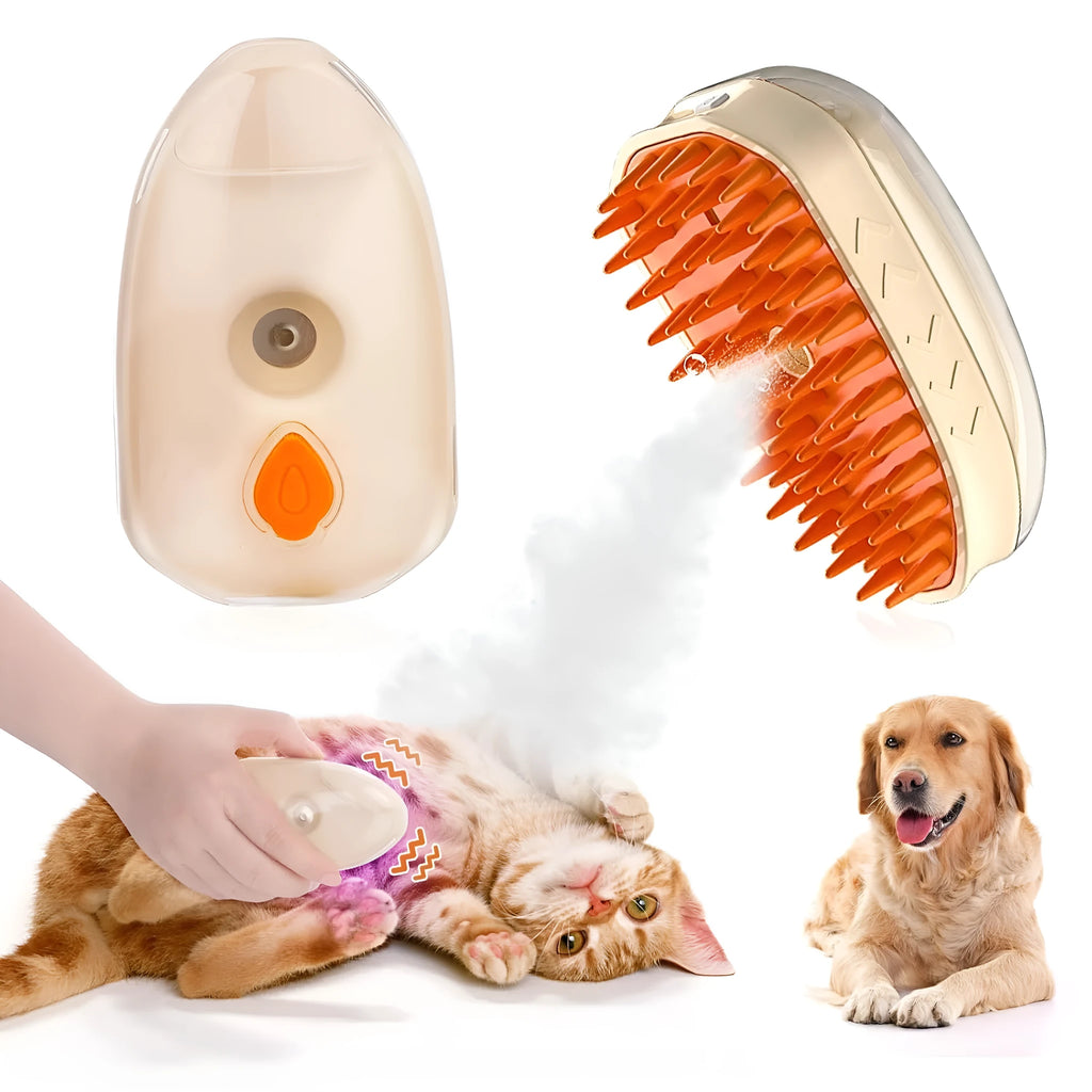 Yellow 4-in-1 cat steam brush with vibration massage and ringworm detection for pet grooming
