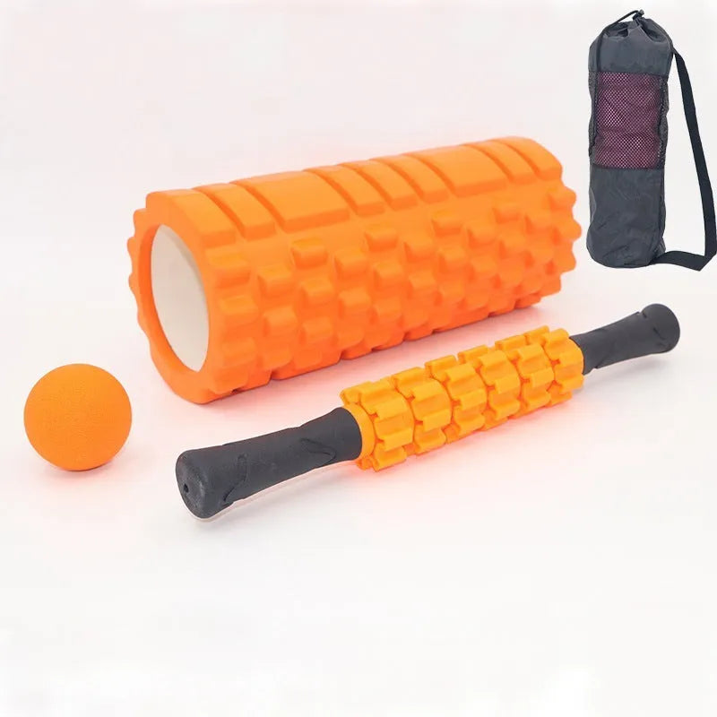 Black fitness foam roller measuring 33cm length with six massage pieces for muscle therapy