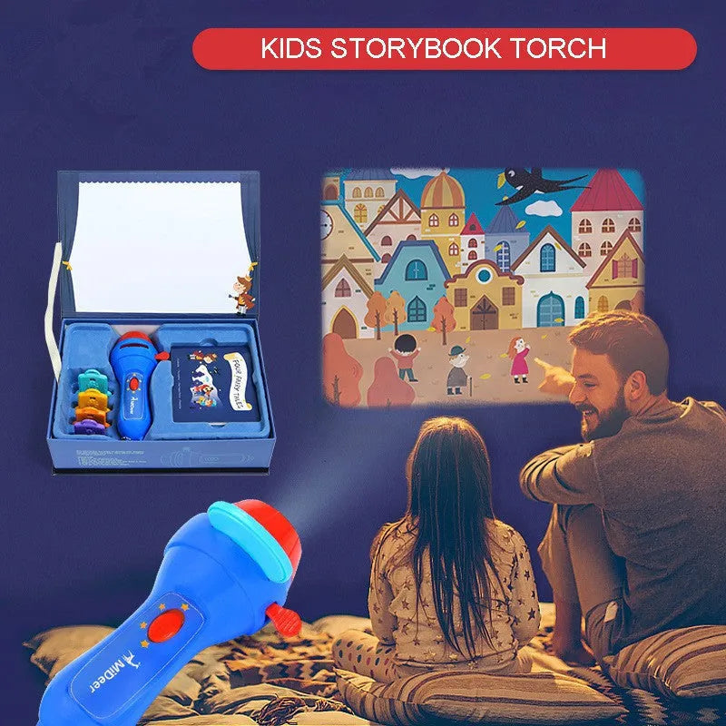 SmartKids children's storybook projector torch with four rotating fairy tale discs projecting images on wall