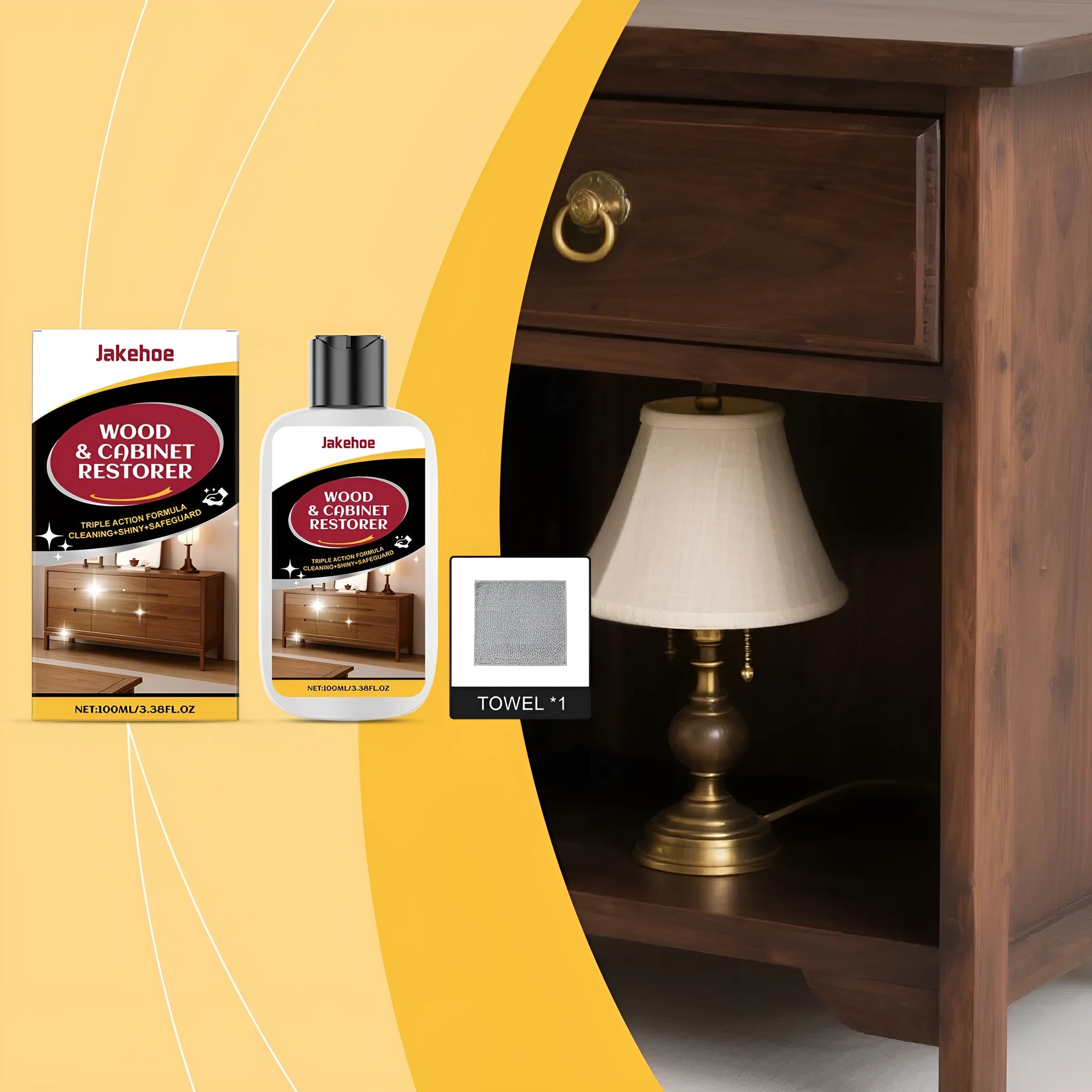 Wooden furniture scratch care kit showing 100ml bottle and 20cm x 20cm polishing cloth