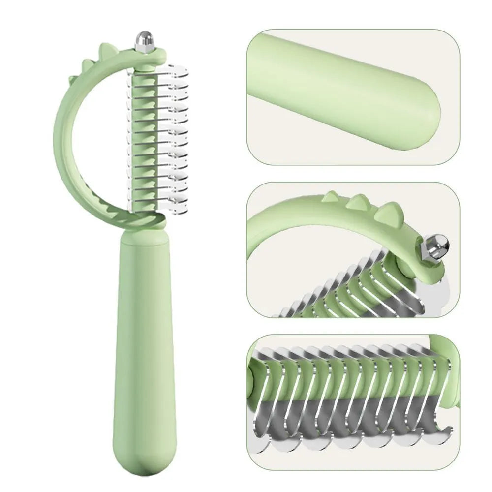 Blue dinosaur-shaped cat brush with stainless steel bristles for self-cleaning grooming