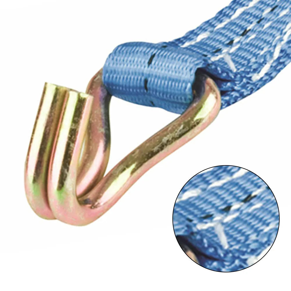 Steel ratchet tensioner fastening strap with double hooks and 1-inch wide grey polyester webbing.