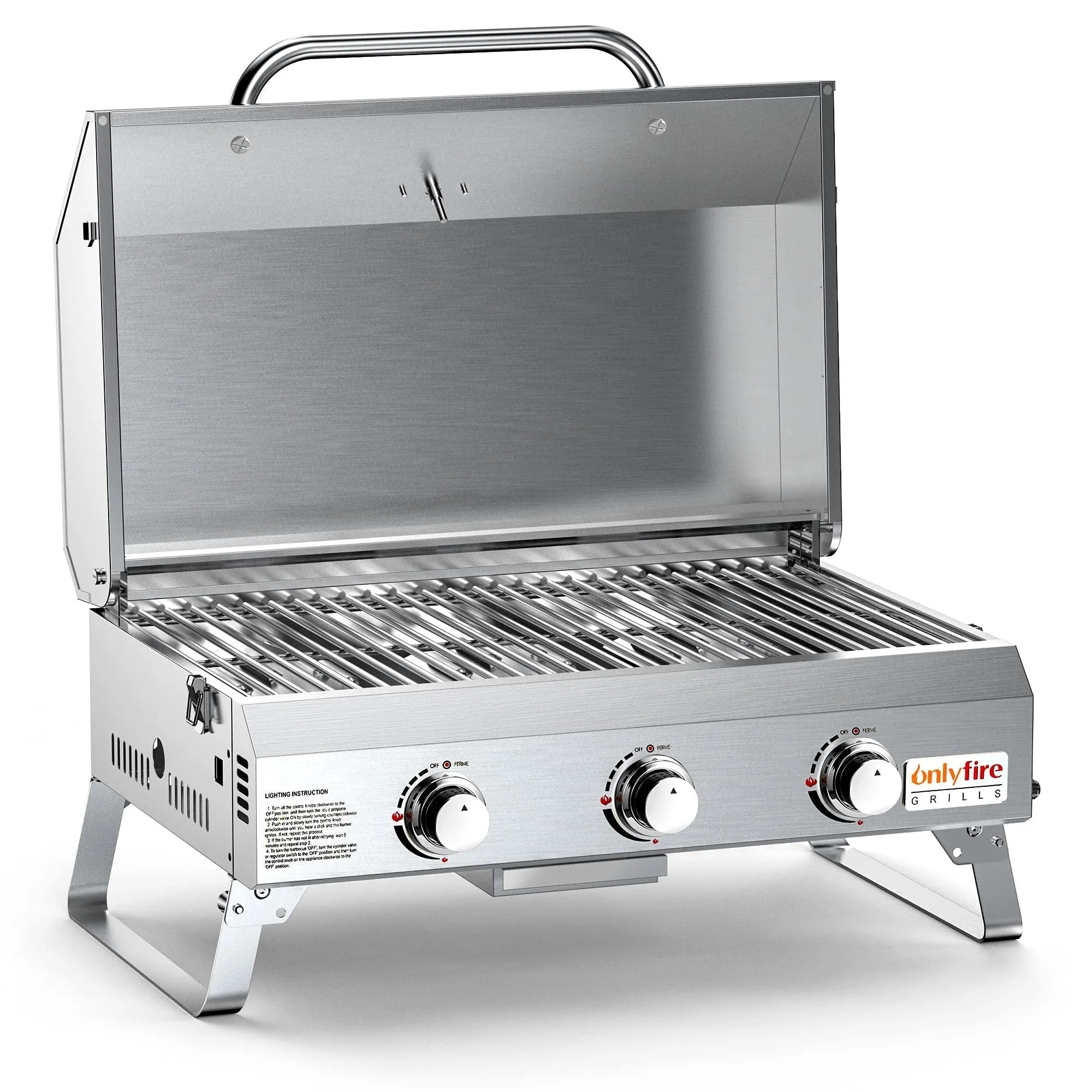 Silver stainless steel desktop gas barbecue grill with three burners and foldable legs.