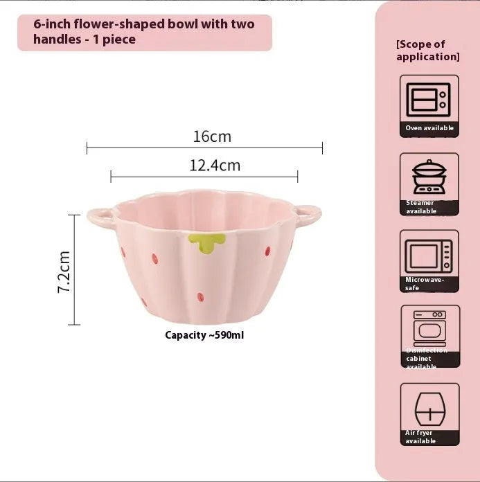 Strawberry design porcelain dinnerware set with flower bowls, plates, and spoon