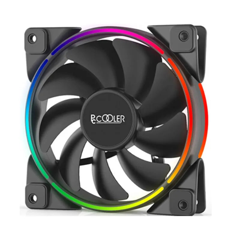 Three black 12cm PC case fans with illuminated RGB blades on a transparent background.