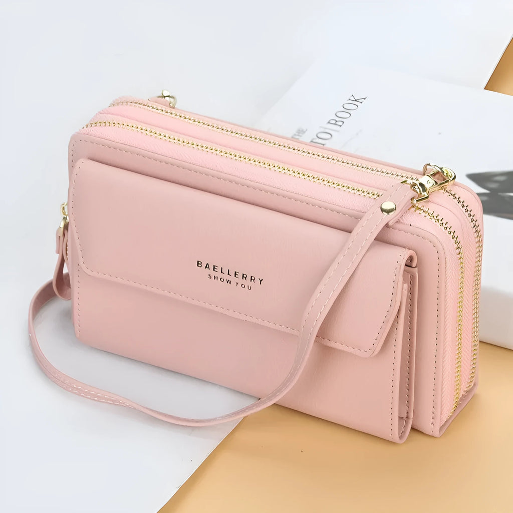 Ladies long wallet in soft PU leather with double zipper closure showing large capacity interior organisation