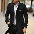 Plus size men's mid-length casual jacket in army green cotton with a lapel collar and side seam pockets.