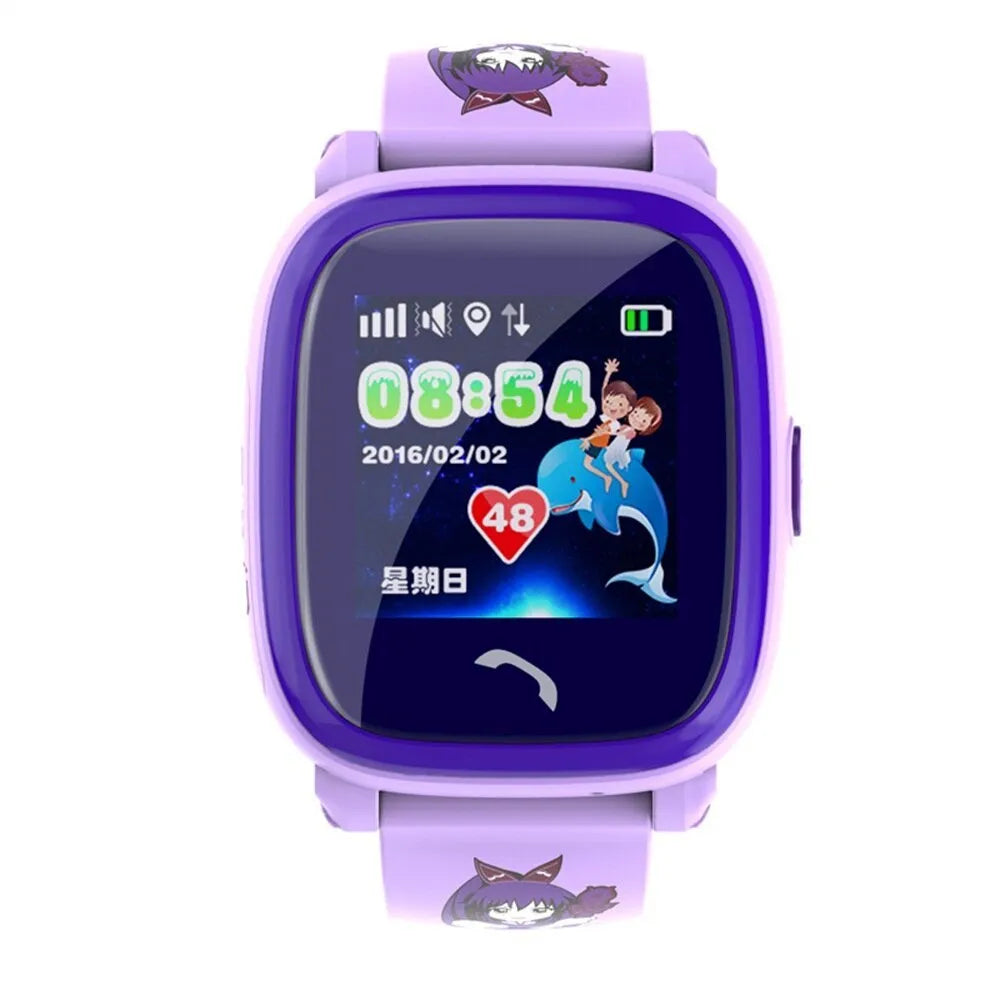 DF25 blue children's waterproof smart watch with touch screen and silicone strap showing SOS button