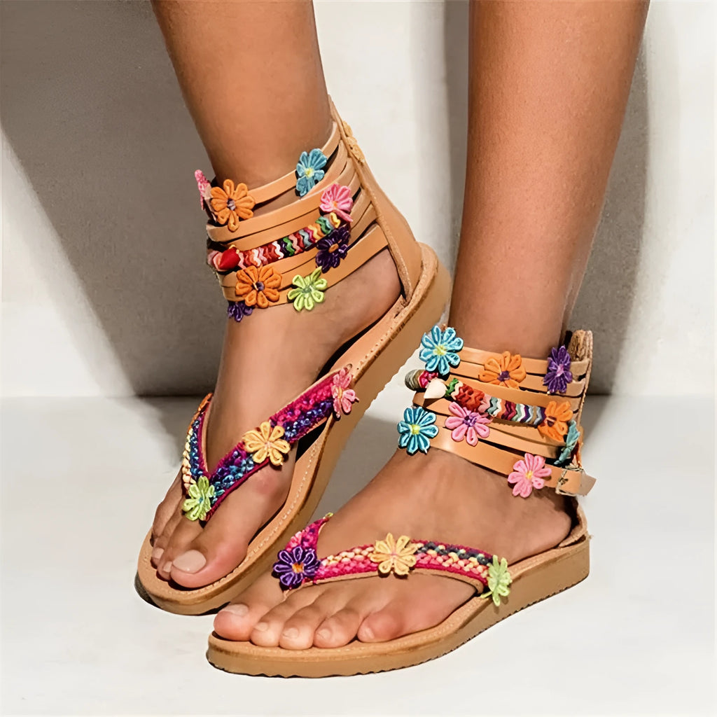 Women's ethnic beaded petal Roman sandals with floral decoration on a brown PU upper