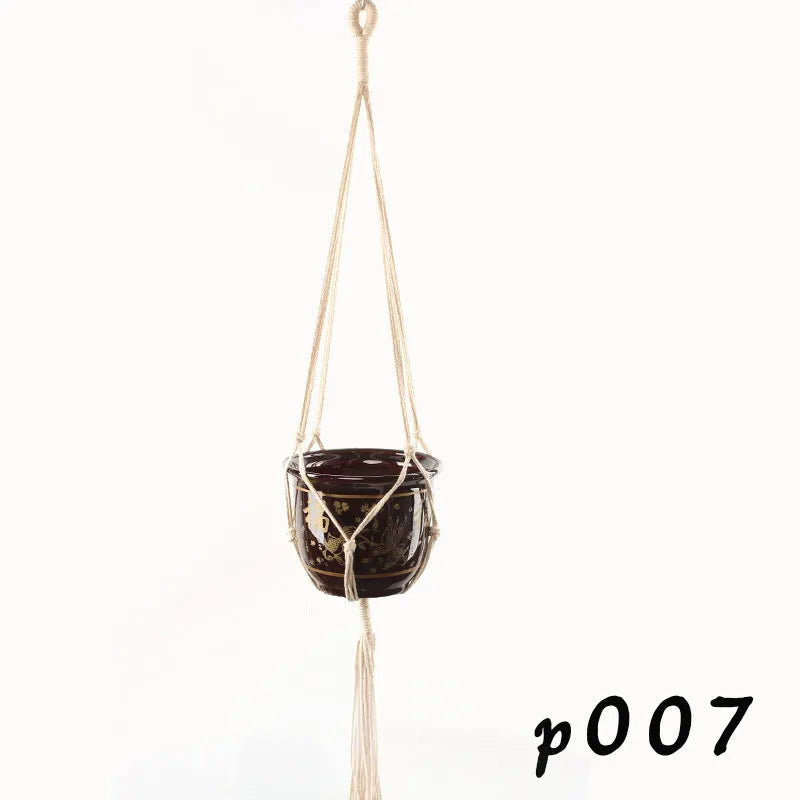 Cotton rope woven wire plant basket shown in desktop, wall hanging, and hanging basin styles.