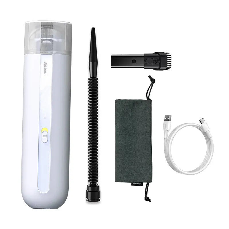 BASEUS wireless handheld car vacuum cleaner in black, white, or green with blowing hose attachment.