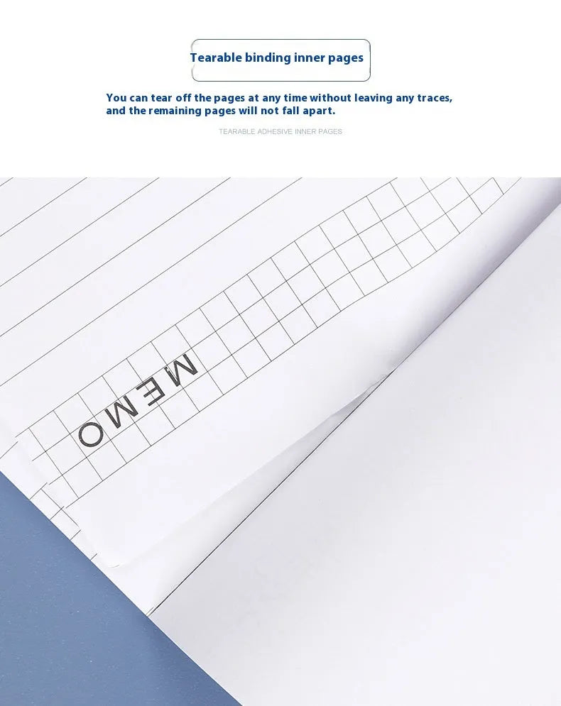 A4 tearable note pad with wireless adhesive binding showing grid and lined format options