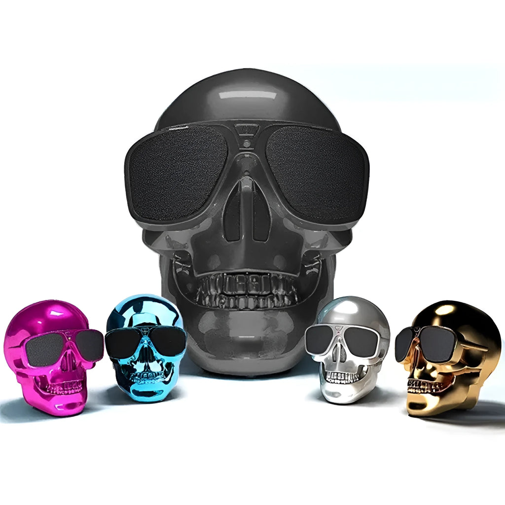 Limited edition Skull-shaped portable Bluetooth speaker in black, showing compact size.