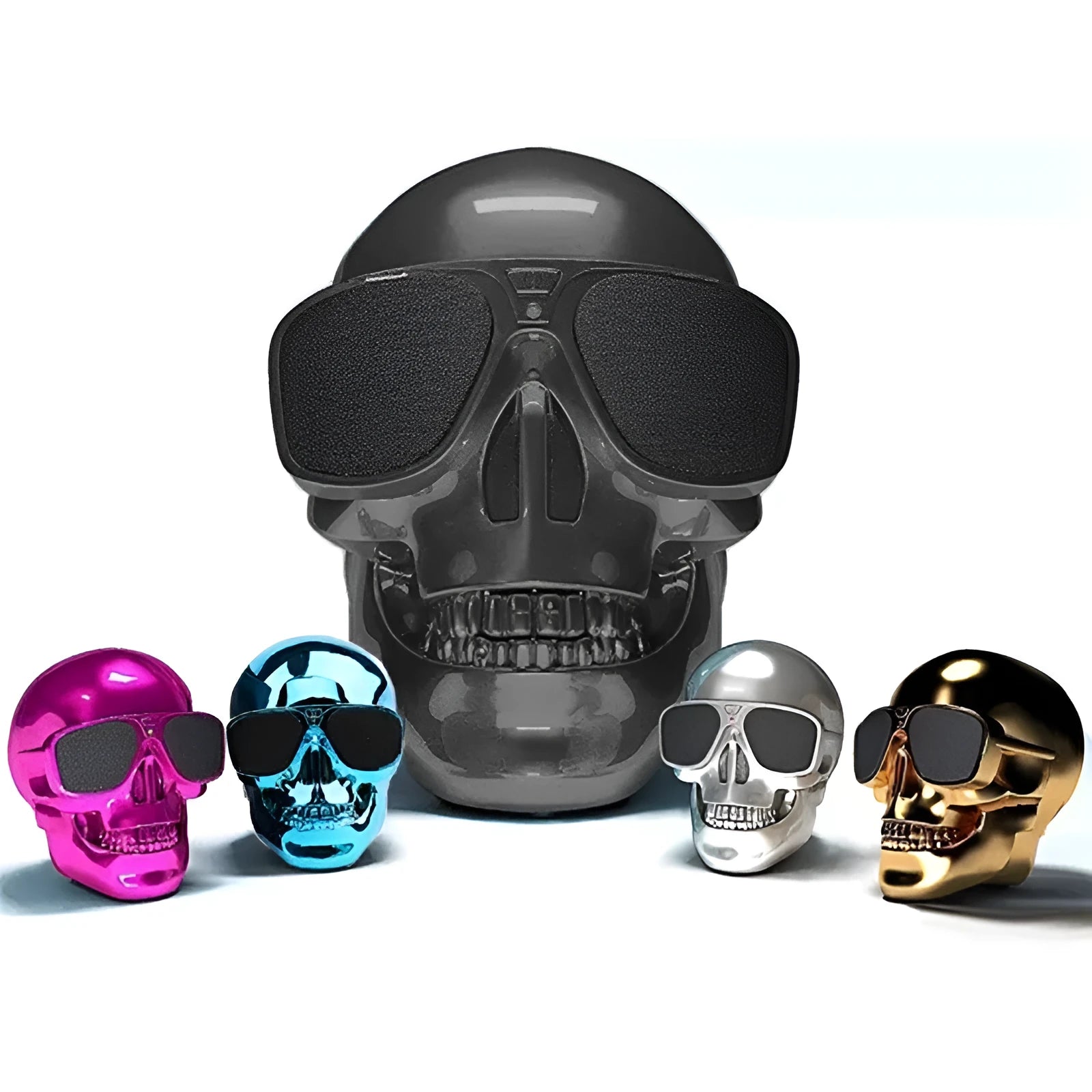 Limited edition Skull-shaped portable Bluetooth speaker in black, showing compact size.