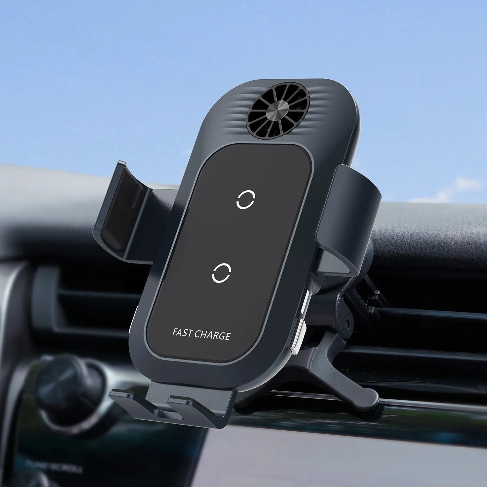C35 grey car wireless charger phone holder mounted on air vent with automatic clamping arms and Type-C cable.