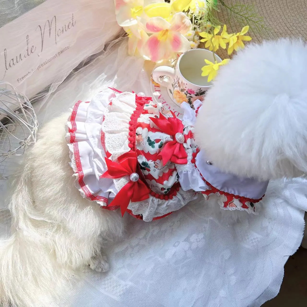 A small dog wearing a white polyester skirt with a rabbit motif, princess style.
