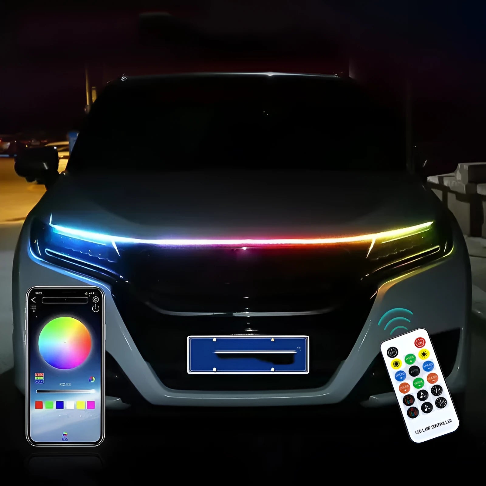 GM car LED grille lighting strip kit in choice of lengths and colours including white, red, blue, and colourful streamers.