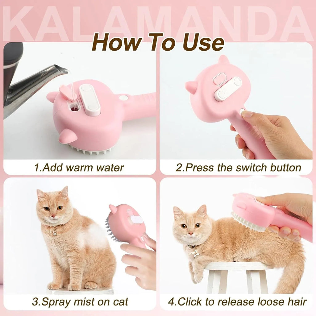 Blue cat steam brush with ergonomic handle and rubber bristles for pet grooming