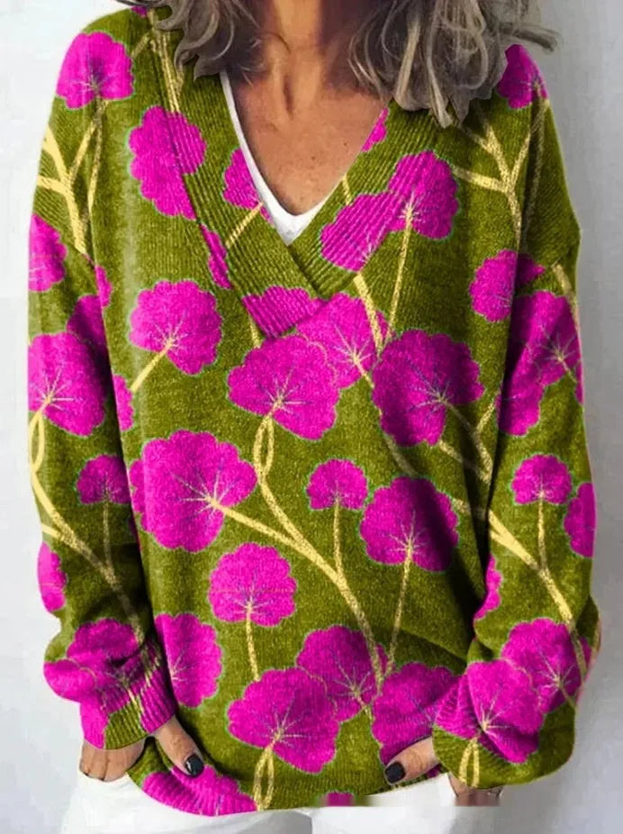 Women's V-neck floral print sweatshirt with 3D pattern and long sleeves