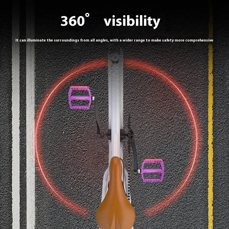 Pair of aluminium alloy bicycle pedals with integrated LED lights in a choice of colours.