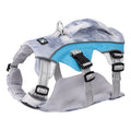 Reflective light blue polyester dog harness with chest strap on a small dog.