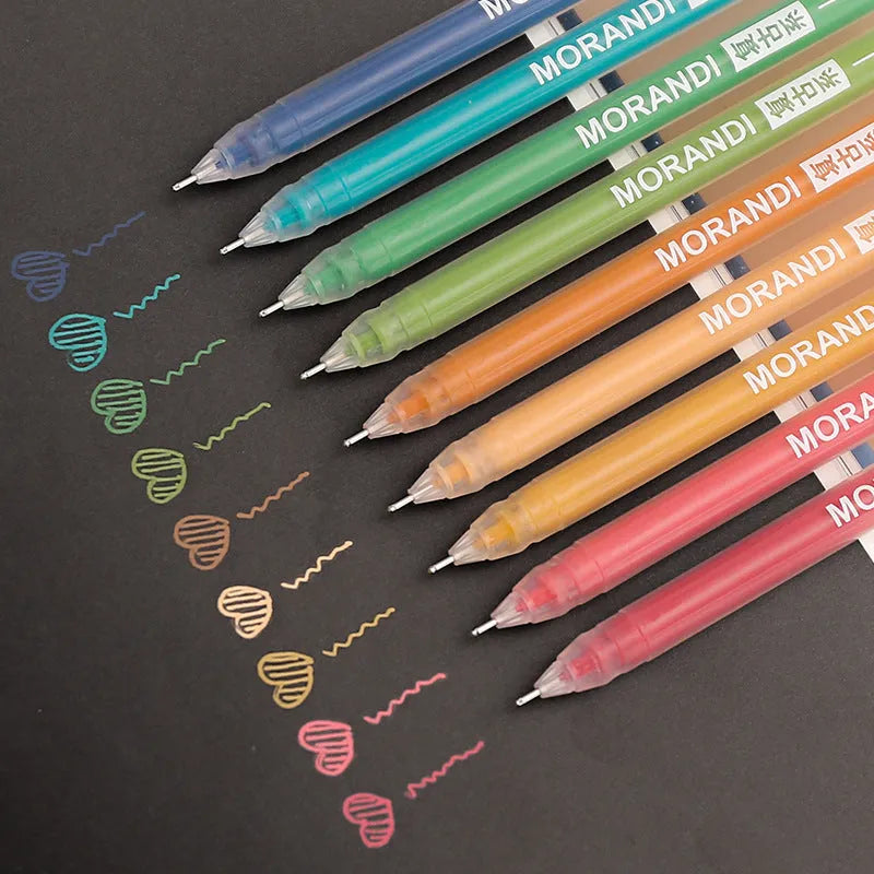 Retro gel pen set with nine 0.5mm needle tip pens in a plastic case, showing colour theme options.