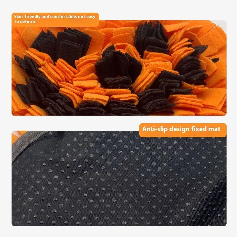Orange pumpkin-shaped pet smell mat made from polar fleece cloth for dog and cat slow feeding.