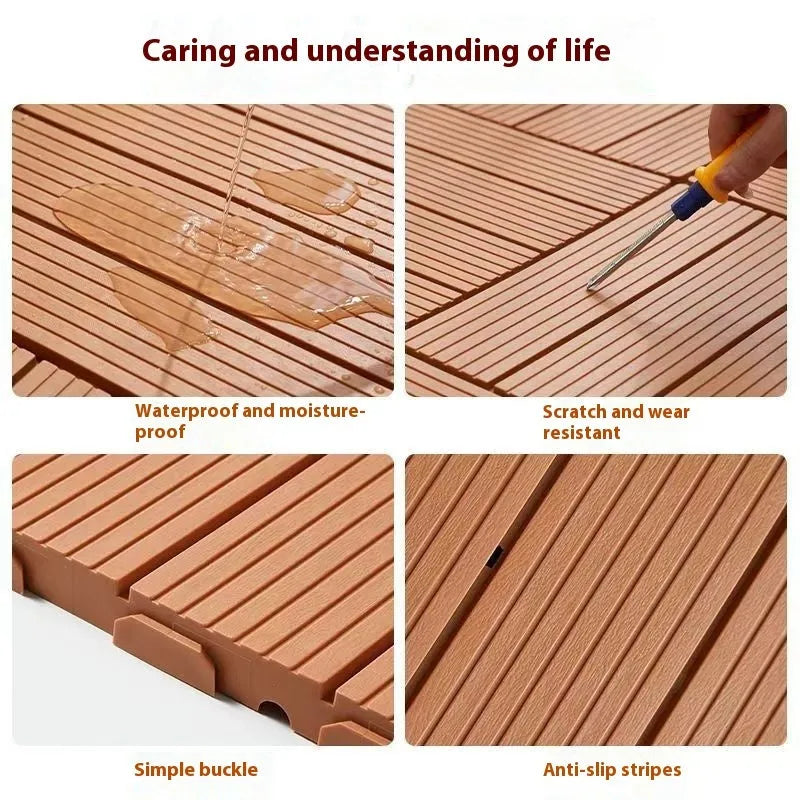 A pack of 10 square wood grain plastic floor tiles showing non-slip surface texture.