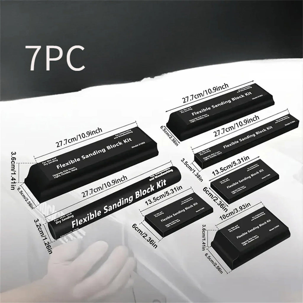 Seven black frosted EVA display blocks arranged in staggered formation