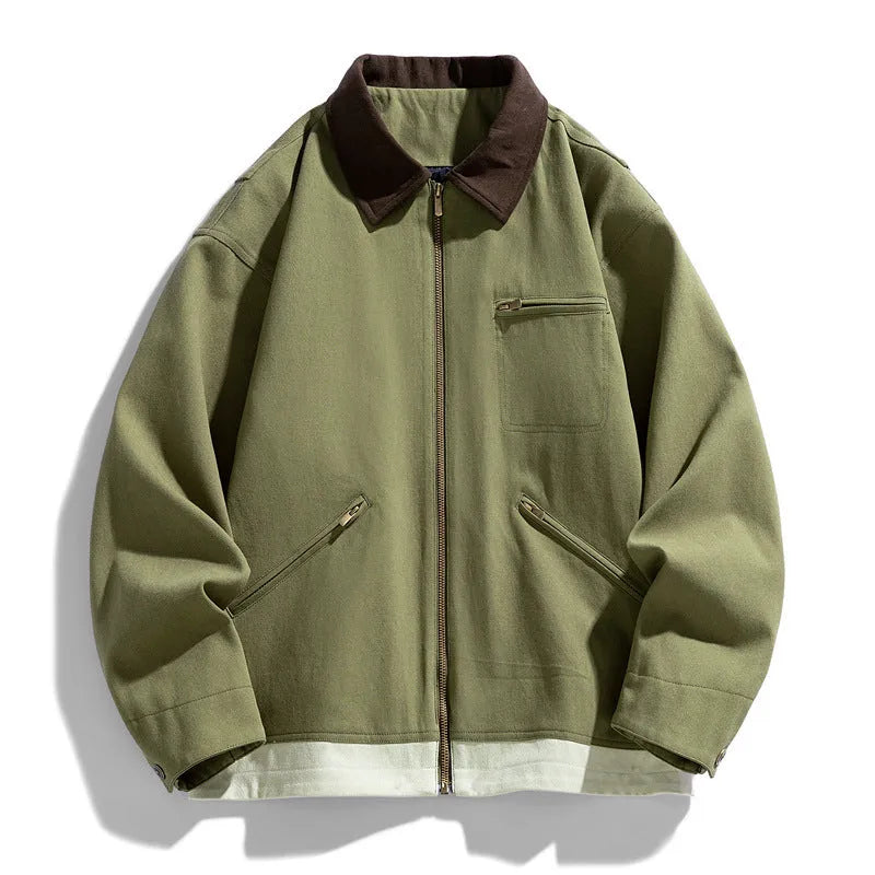 Men's loose fit autumn couple jacket with contrasting colour lapels and side seam pockets in retro workwear style