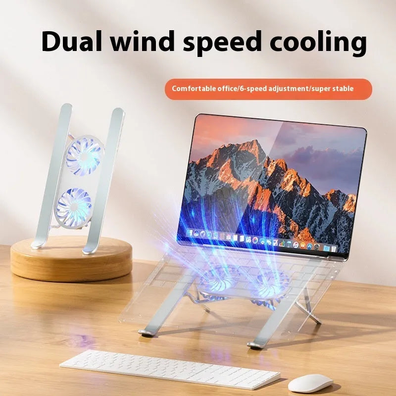 Silver aluminium portable laptop cooling stand with twin fans and adjustable height mechanism