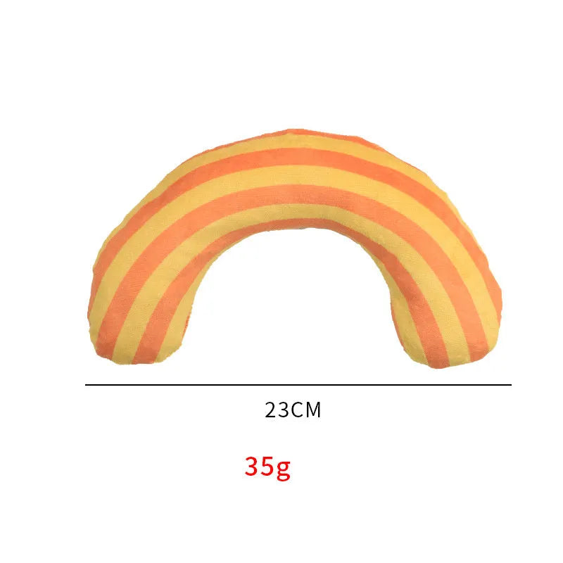 Striped pattern cat pillow toy with noise maker and catnip strip, shown in green colour.