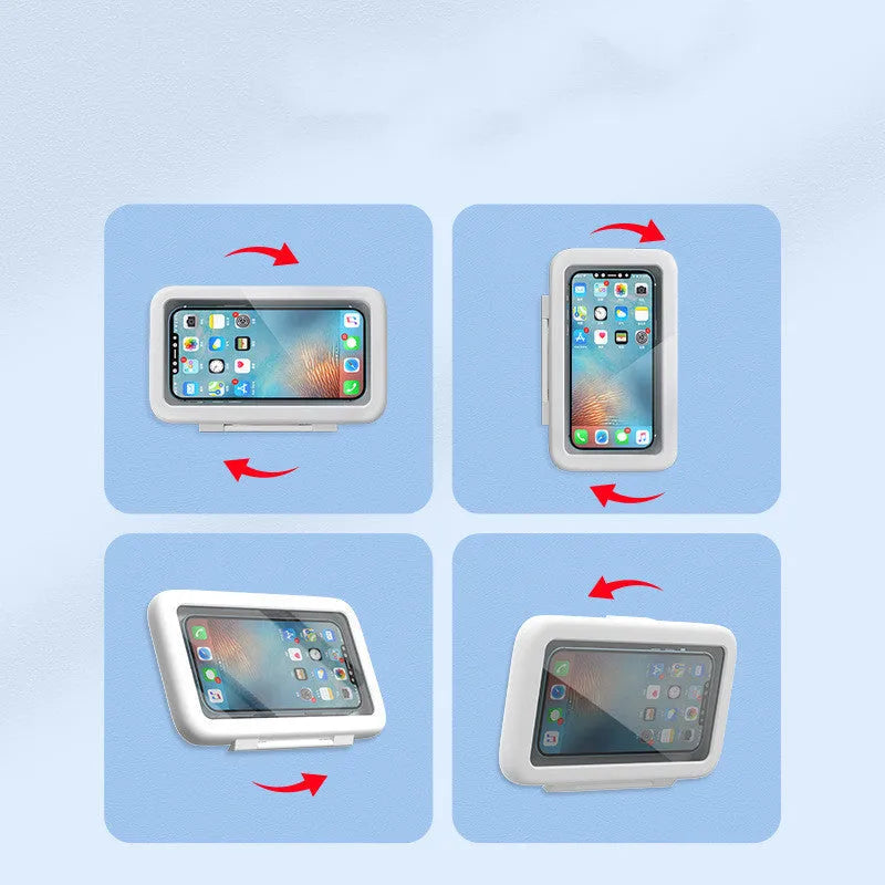 Waterproof plastic phone holder with clear anti-fog window showing smartphone inside, mounted on bathroom tile