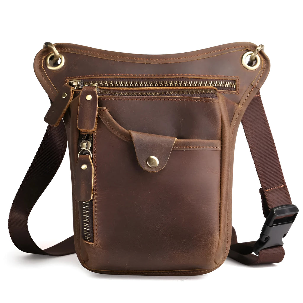 Men's vintage leather satchel bag in crazy horse leather with distressed finish and shoulder strap