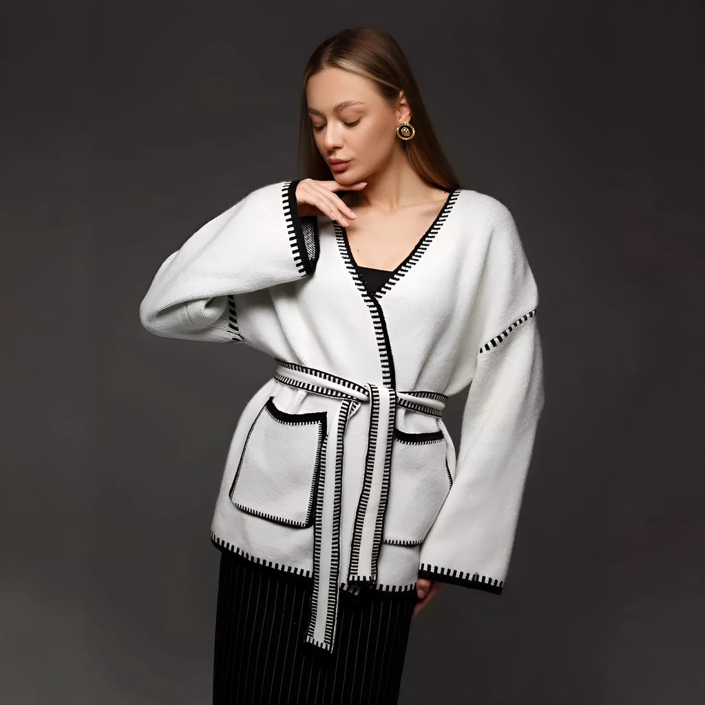 Knitted lace-up cardigan in thick cotton imitation cashmere fabric in camel colour