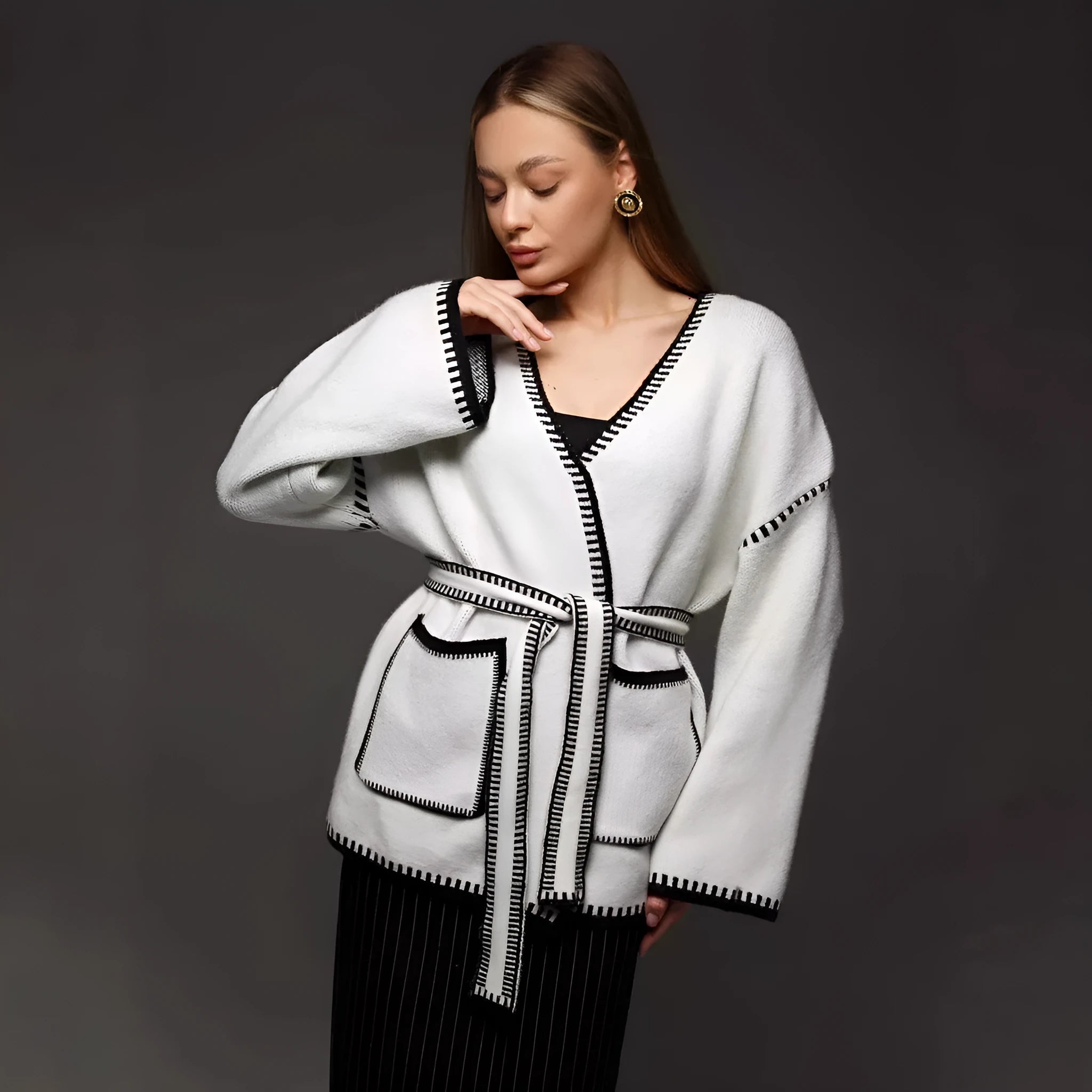 Knitted lace-up cardigan in thick cotton imitation cashmere fabric in camel colour