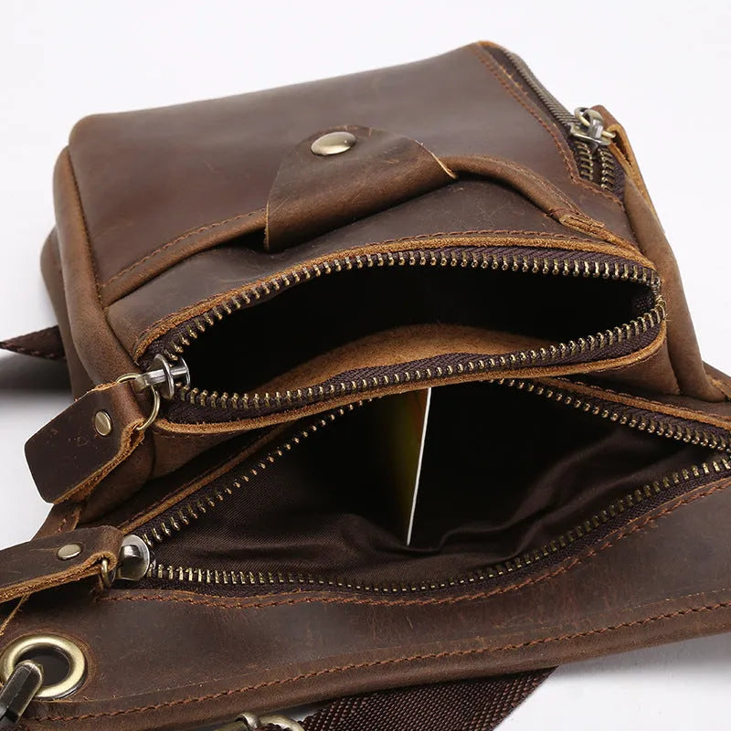 Men's vintage leather satchel bag in crazy horse leather with distressed finish and shoulder strap